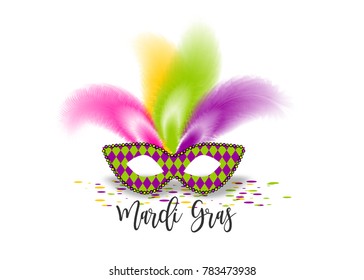 Mardi Gras - Fat Tuesday handwriting lettering carnival French-speaking country. Comic text cartoon vector illustration pop art. Realistic colored texture mask feather. Isolated white background.