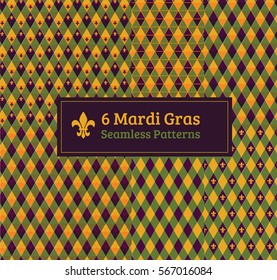 Mardi Gras (Fat Tuesday) seamless patterns of different designs. Orange, yellow, purple and green colors.