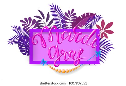 Mardi Gras, Fat Tuesday, vector lettering illustration in 3d style with rectangular frame and beads. Design template of poster or banner for party or carnival. Isolated on white background.