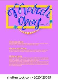 Mardi Gras, Fat Tuesday, vector lettering illustration in 3d style. Design template of poster or banner for party or carnival.