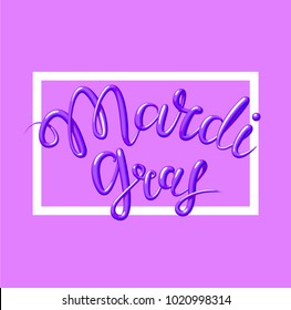 Mardi Gras, Fat Tuesday, vector lettering illustration in 3d style with rectangular frame and mask. Design template of poster or banner for party or carnival. Isolated on pink background.