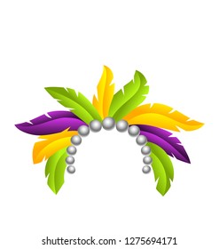 Mardi Gras Feather Headband, Headdress with Pearls, Headpiece Carnaval, Festival Headwear - Illustration Vector