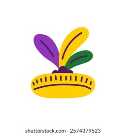 Mardi Gras Feather Headwear Icon. Colorful carnival hat accessory with traditional purple green yellow colors. Hand drawn vector illustration