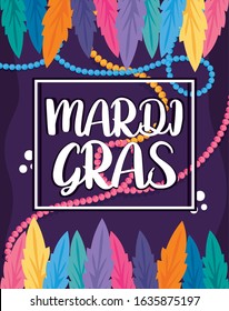 Mardi gras feathers with necklaces design, Party carnival decoration celebration festival holiday fun new orleans and traditional theme Vector illustration