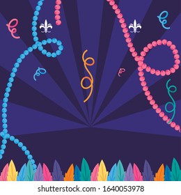 Mardi Gras feathers and necklaces design, Party carnival decoration celebration festival holiday fun New Orleans and traditional theme. Vector illustration.