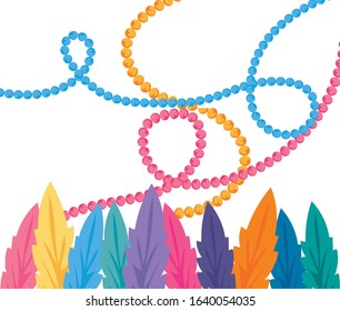 Mardi Gras feathers and necklaces design, Party carnival decoration celebration festival holiday fun New Orleans and traditional theme. Vector illustration.