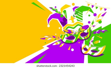 Mardi Gras festival background with beads and mask decoration.