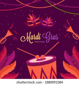 Mardi Gras Festival Celebration Background Decorated With Feathers, Carnival Masks, Trumpets And Drum Instrument.