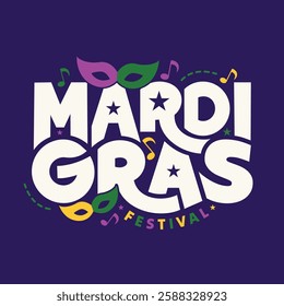 Mardi Gras festival celebration poster, banner, greeting card with mask and music icons. Mardi Gras typography vector illustration.  Fat Tuesday is the final day of Carnival. Traditional annual Fest