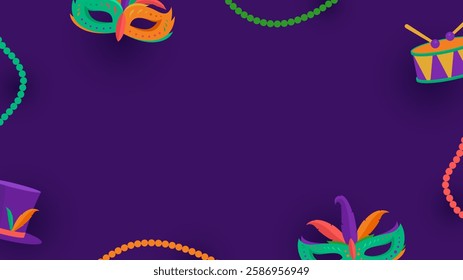 Mardi Gras festival copy space background with mask and drum on purple