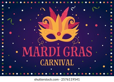 Mardi Gras festival decorative template. Purple gradient background with festive elements, mask and text. Modern vector illustration.