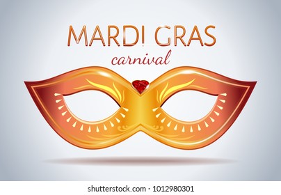 Mardi Gras festival design. Golden carnival mask with gems. Vector illustration