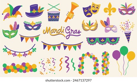 Mardi Gras festival elements set. Balloons, banners, buntings, confetti, fleur de lis, jester hat, masquerade masks. Hand drawn vector illustrations.