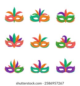 Mardi Gras festival mask set isolated on white background. Colorful festival mask collection