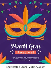 Mardi Gras festival poster template with mask and simple design