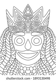 Mardi Gras festival queen venetian mask stock vector illustration. Funny carnival woman portrait horizontal printable worksheet. Fat Tuesday traditional festival character coloring page. One of series