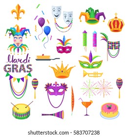 Mardi Gras festival vector collection on white. Carnival set of bright icons and design element in flat style. Masks with feathers, comedy and tragedy, glass with cocktail. Clip art party decorations.