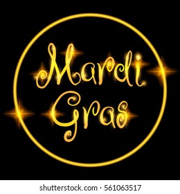 Mardi Gras festival vector design element, Fat Tusday golden text in circle, isolated on black. Suitable for poster or web banner