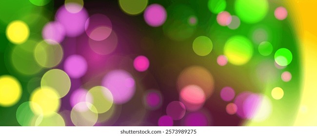 Mardi Gras festive background. Blurred bokeh lights and vibrant color gradients. Graphic template for Fat Tuesday celebration. Vector illustration.