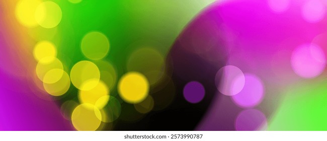 Mardi Gras festive background with blurred bokeh lights and vibrant color gradients. Graphic template for Fat Tuesday celebration. Vector illustration.