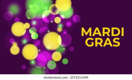 Mardi Gras festive background. Bright bokeh lights. Graphic template for Fat Tuesday holiday celebration. Vector illustration.