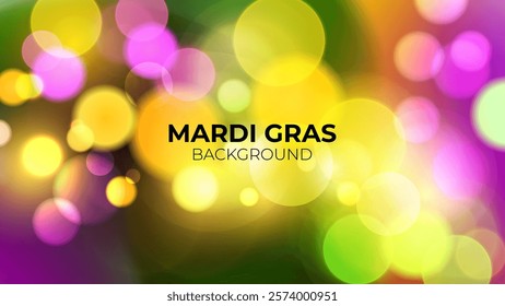 Mardi Gras festive background. Bright color gradients and blurred bokeh lights. Graphic template for Fat Tuesday celebration. Vector illustration.