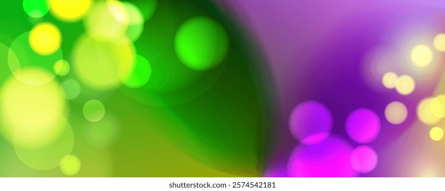 Mardi Gras festive background. Defocused bokeh lights and bright color gradients. Graphic template for Fat Tuesday celebration. Vector illustration.