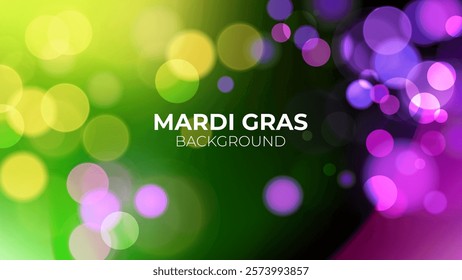 Mardi Gras festive background. Vibrant color gradients and blurred bokeh lights. Graphic template for Fat Tuesday celebration. Vector illustration.