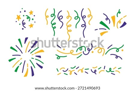 Mardi Gras festive elements set. Hand drawn colorful confetti, swirling streamers, fireworks bursts, and scattered shapes in purple, green, and gold for carnival backgrounds and party designs.