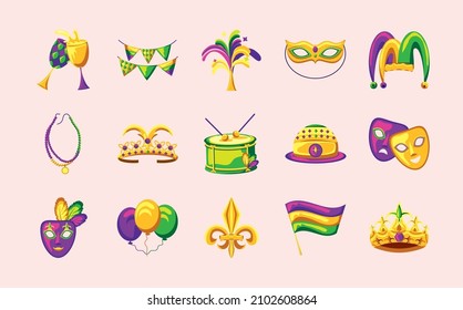 mardi gras festive icons set