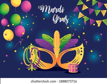 mardi gras festive mask beads balloons pennants confetti celebration vector illustration
