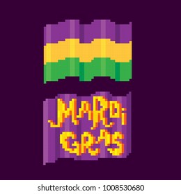 Mardi gras flag set. Pixel art. Old school computer graphic style. Games elements.