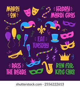 Mardi Gras Flat Design Elements Set. Collection with Hand Lettering. Carnival Harlequin Hat, Beads, Masquerade Masque, Trumpet.