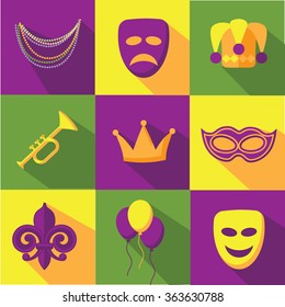 Mardi Gras flat design icon collection. EPS 10 vector