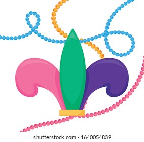 Mardi Gras fleur de lis and necklaces design. Party carnival decoration celebration festival holiday fun New Orleans and traditional theme. Vector illustration.