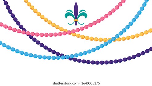 Mardi gras fleur de lis and necklaces design, Party carnival decoration celebration festival holiday fun New Orleans and traditional theme. Vector illustration.