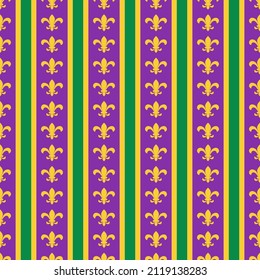 Mardi Gras Fleur de lis es un patrón ininterrumpido.  Fondo verde, violeta y amarillo.  Plantilla vectorial para decoraciones de carnaval. 