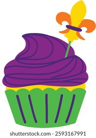 Mardi Gras Fleur De Lis Cupcake Hand Drawn Vector Illustration