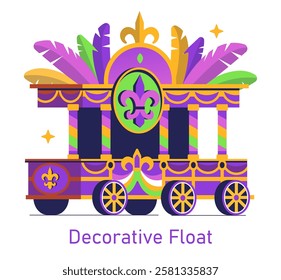 Mardi Gras float concept. A colorful, decorative float adorned with vibrant feathers and iconic symbols. This illustration captures the festive spirit of celebration and lively parades. Vector