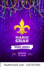 Mardi Gras flyer, decorative advertisement banner with colorful beads, vector illustration
