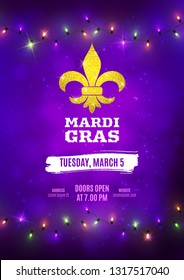Mardi Gras flyer, decorative advertisement banner with colorful led lights, vector illustration