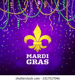 Mardi Gras flyer, decorative advertisement banner with colorful beads, vector illustration