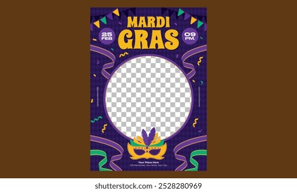 Mardi Gras Flyer. realistischer bunter Mardi Gras Flyer, vertikale Schablone.