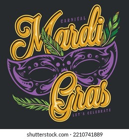 Mardi gras flyer vintage colorful carnival glasses decorated with bird feathers for traditional Christian masquerade and spring party vector illustration