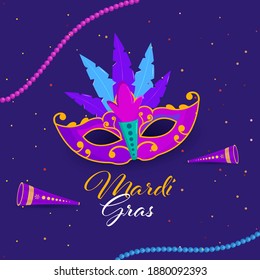 Mardi Gras Font With Party Mask, Vuvuzela And Beads Garland Decorated On Violet Background.