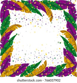 mardi gras frame with feathers and colorful confetti background
