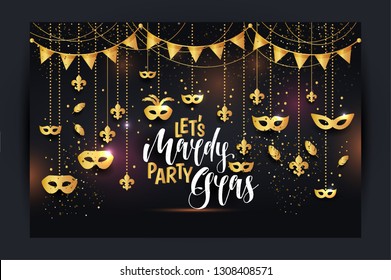 Mardi Gras frame with a gold mask and fleur-de-lis, isolated on black background. Vector illustration.