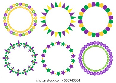 Mardi Gras frame set. Cute round border with space for text. Isolated on white background. Vector illustration