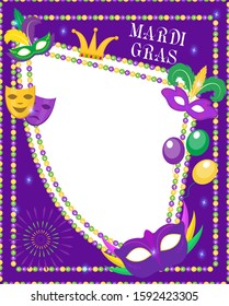 Mardi Gras frame template with space for text. Mardi Gras Carnival poster, flyer, invitation. Party, parade background. Vector illustration