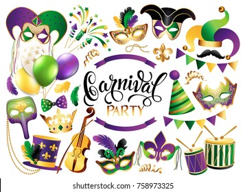 Mardi Gras French traditional symbols collection - carnival masks, party decorations. Vector illustration isolated on white background. 